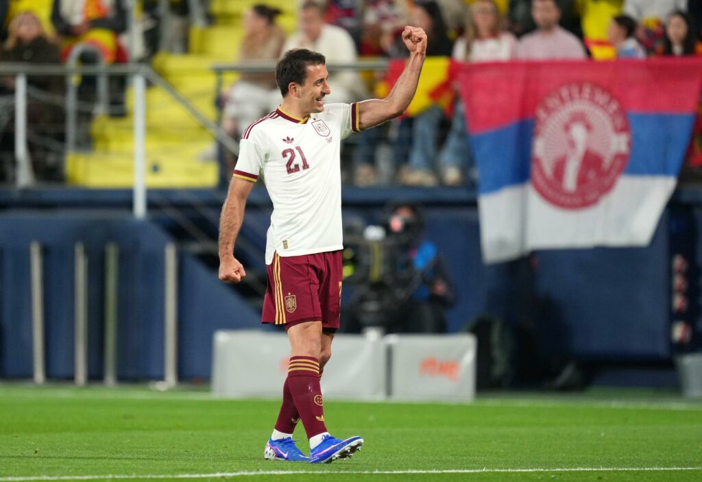 VILLARREAL, SPAIN - MARCH 27: Mikel Oyarzabal of Spain celebrates scoring his team's first goal during the International Friendly match between Spain and Serbia at Estadio de la Ceramica on March 27, 2026 in Villarreal, Spain. (Photo by Alex Caparros/Getty Images)