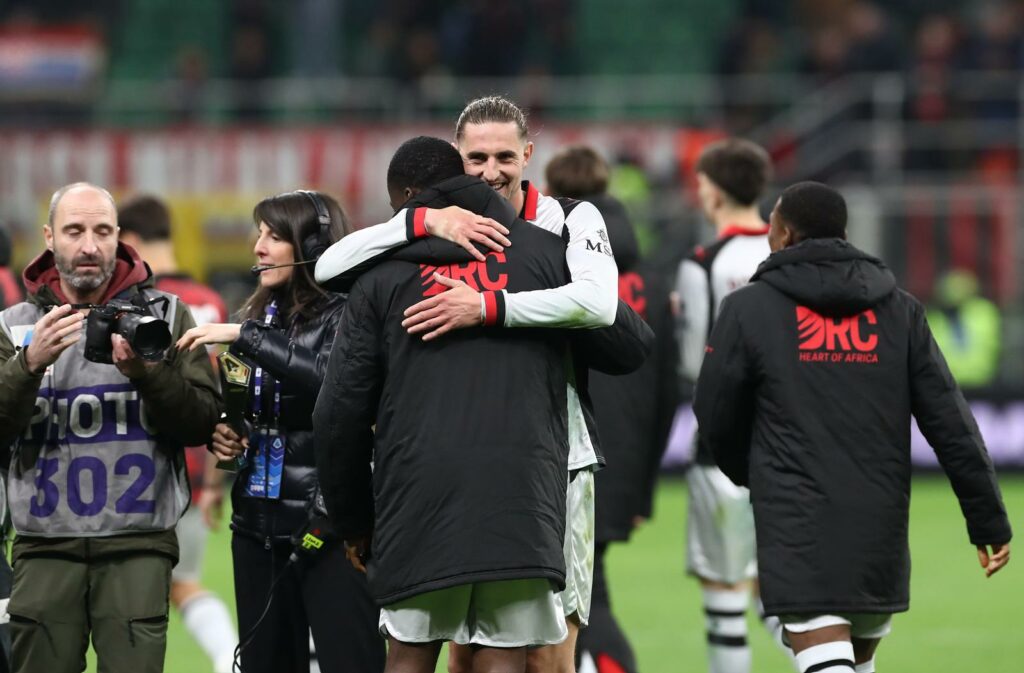 MILAN, ITALY - MARCH 21: Youssouf Fofana and Adrien Rabiot of AC Milan celebrate victory following the Serie A match between AC Milan and Torino FC at Giuseppe Meazza Stadium on March 21, 2026 in Milan, Italy. (Photo by Marco Luzzani/Getty Images)