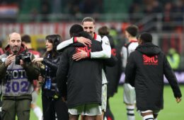MILAN, ITALY - MARCH 21: Youssouf Fofana and Adrien Rabiot of AC Milan celebrate victory following the Serie A match between AC Milan and Torino FC at Giuseppe Meazza Stadium on March 21, 2026 in Milan, Italy. (Photo by Marco Luzzani/Getty Images)