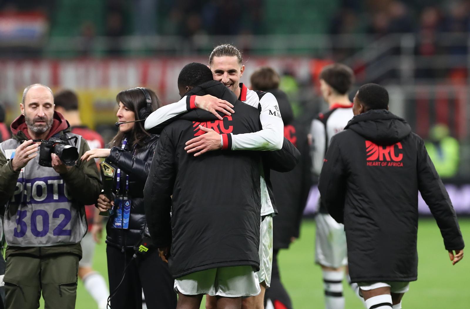 MILAN, ITALY - MARCH 21: Youssouf Fofana and Adrien Rabiot of AC Milan celebrate victory following the Serie A match between AC Milan and Torino FC at Giuseppe Meazza Stadium on March 21, 2026 in Milan, Italy. (Photo by Marco Luzzani/Getty Images)