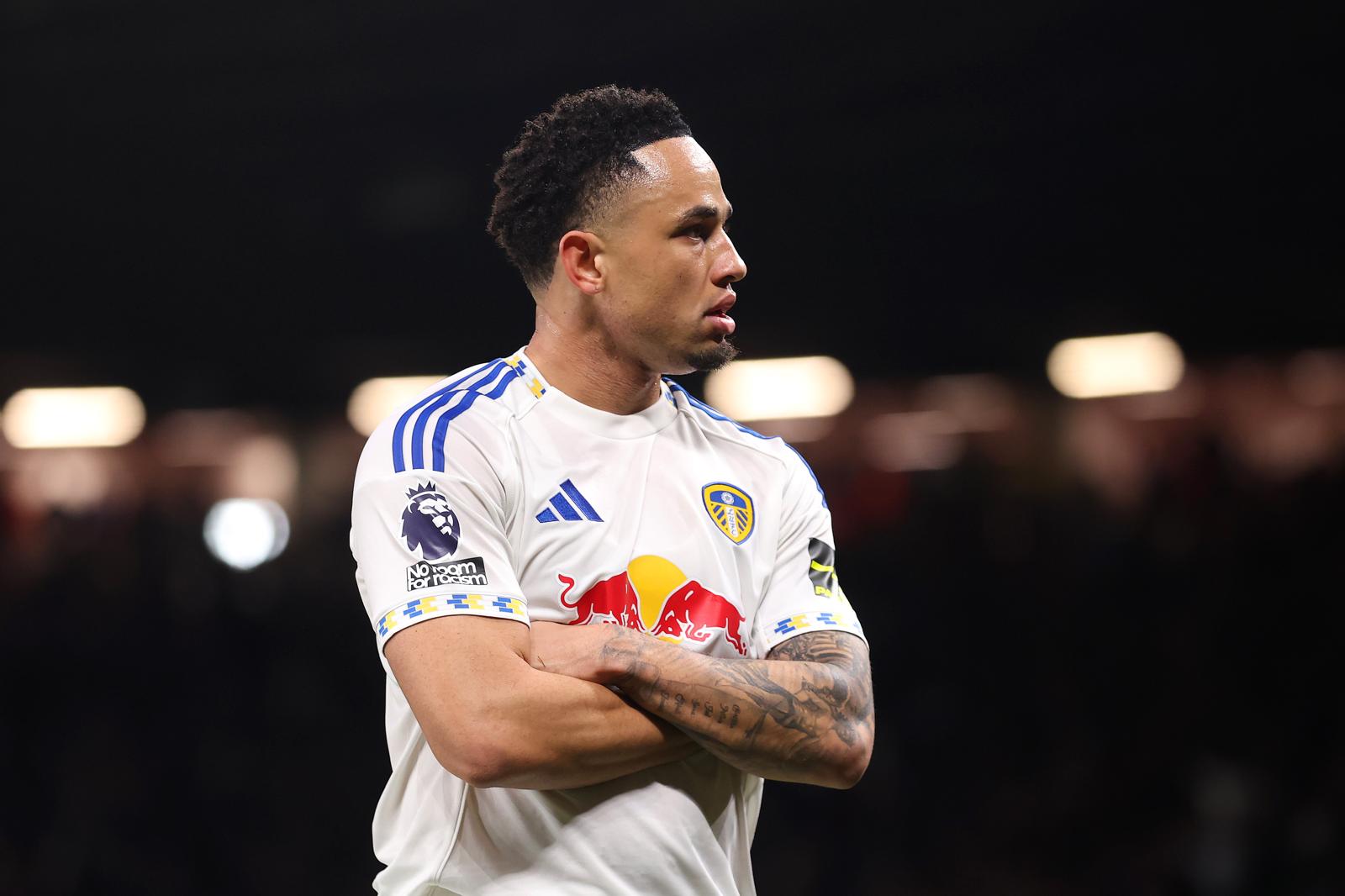 MANCHESTER, ENGLAND - APRIL 13: Noah Okafor of Leeds United celebrates scoring his team's second goal during the Premier League match between Manchester United and Leeds United at Old Trafford on April 13, 2026 in Manchester, England. (Photo by Carl Recine/Getty Images)